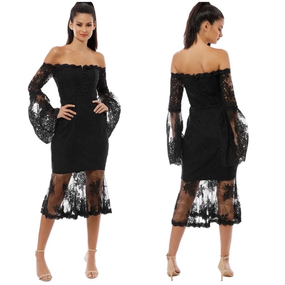 Chic Off-Shoulder Black Lace Midi Dress